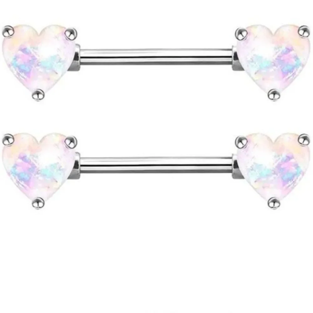 14G 316L Opal Flower and Heart Cubic Zirconia Nipple Rings - 2 Sets